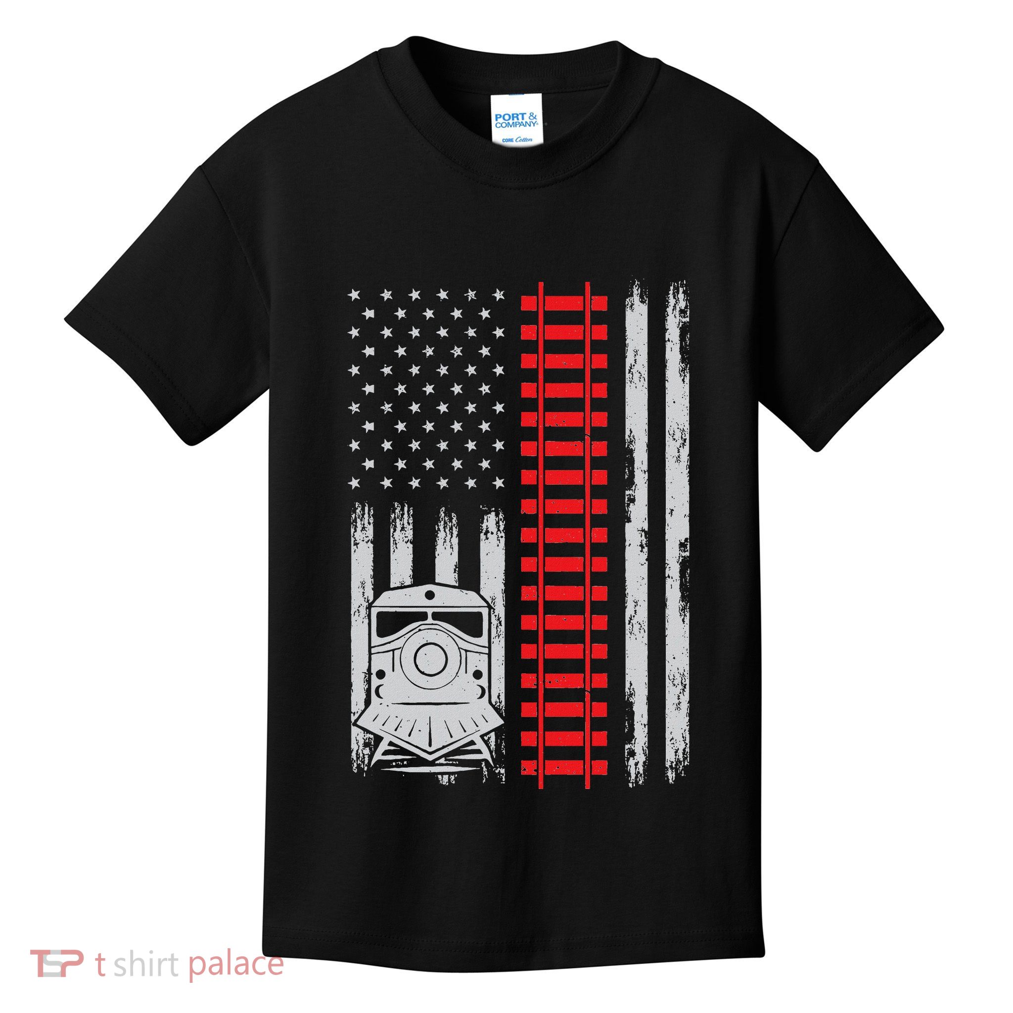 Railroad Train Usa Flag American Train Conductor Railway Kids T-Shirt