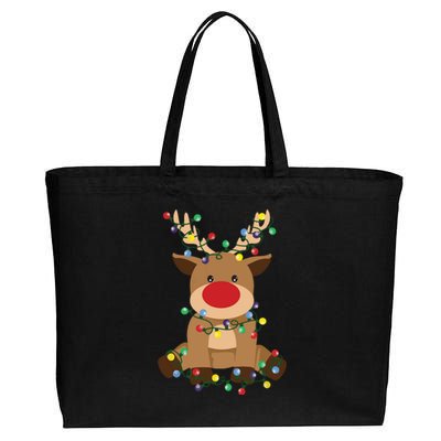 Rudolph Tangled Up In Christmas Tree Lights Holiday Reindeer Cotton Canvas Jumbo Tote