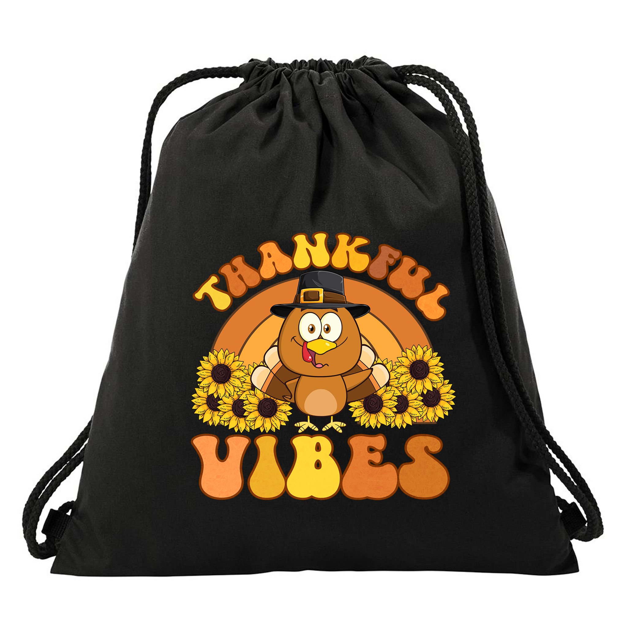 Retro Thankful Vibes Autumn Groovy Thanksgiving Turkey Gift Drawstring Bag