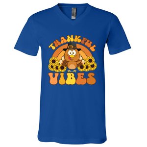 Retro Thankful Vibes Autumn Groovy Thanksgiving Turkey Gift V-Neck T-Shirt