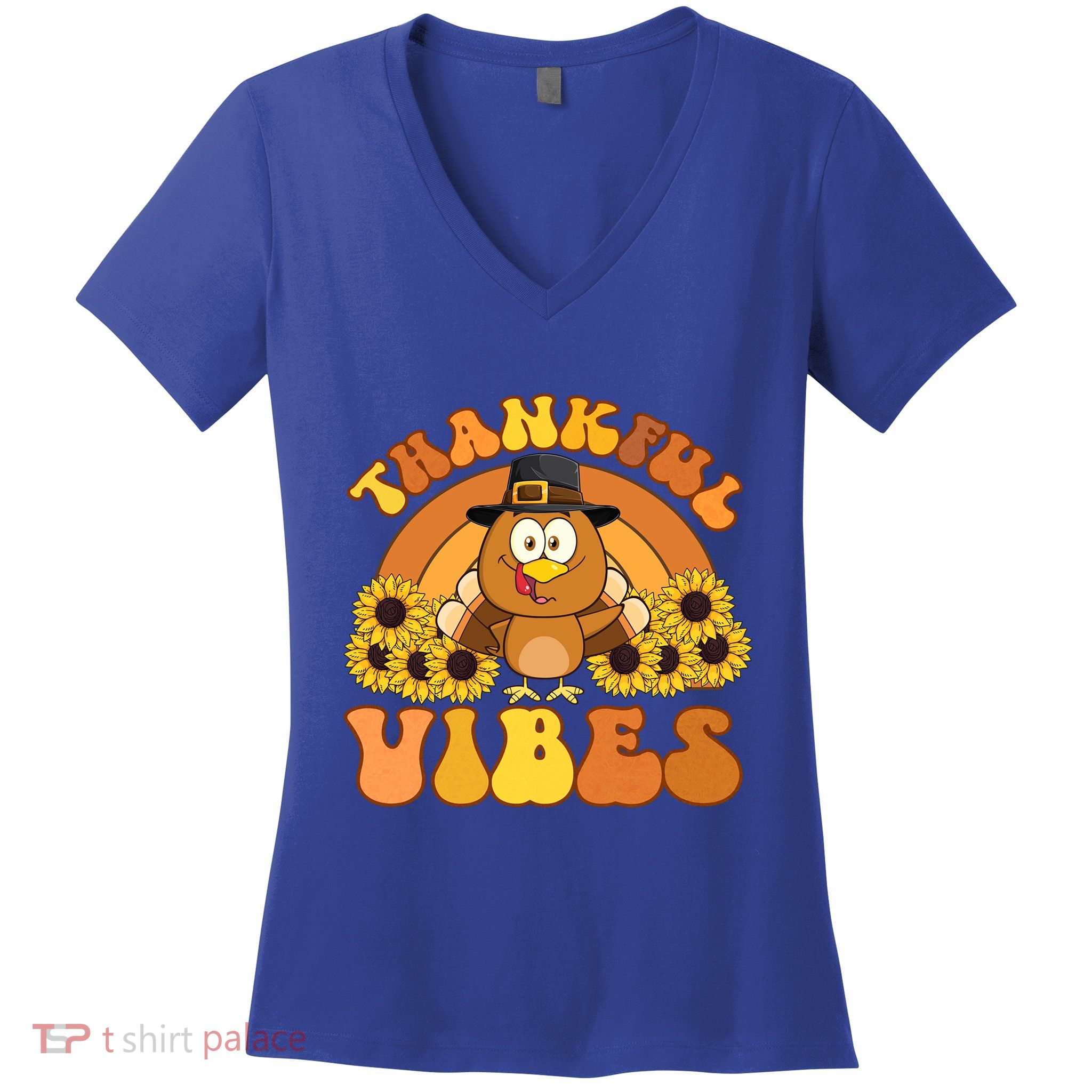 Retro Thankful Vibes Autumn Groovy Thanksgiving Turkey Gift Women's V-Neck T-Shirt