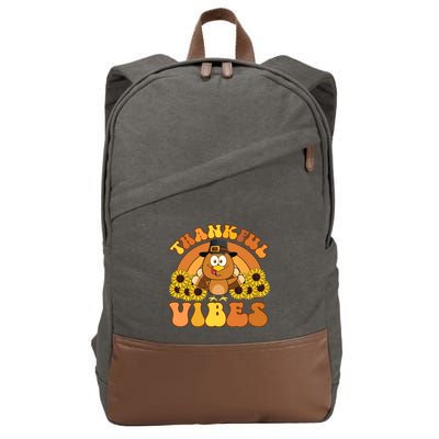 Retro Thankful Vibes Autumn Groovy Thanksgiving Turkey Gift Cotton Canvas Backpack
