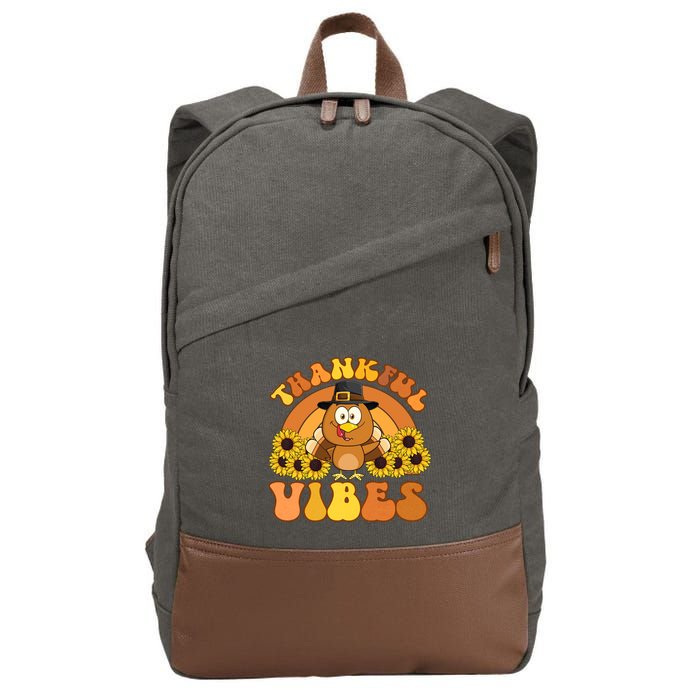 Retro Thankful Vibes Autumn Groovy Thanksgiving Turkey Gift Cotton Canvas Backpack