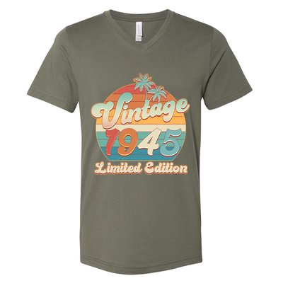Retro Tropical Vintage 1945 Limited Edition 80th Birthday V-Neck T-Shirt