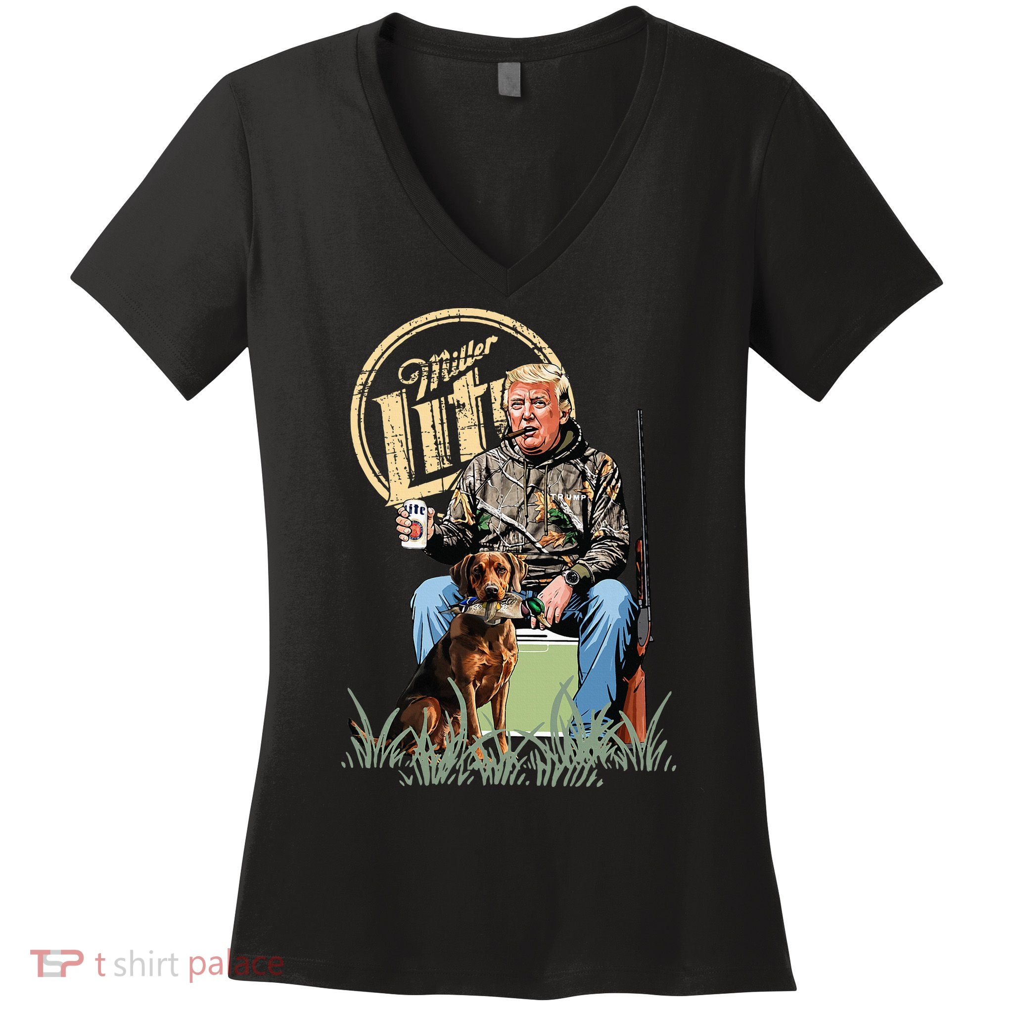 Retro Trump With Dog Fishermen Trump Fishing Hunting Season Women's V-Neck T-Shirt