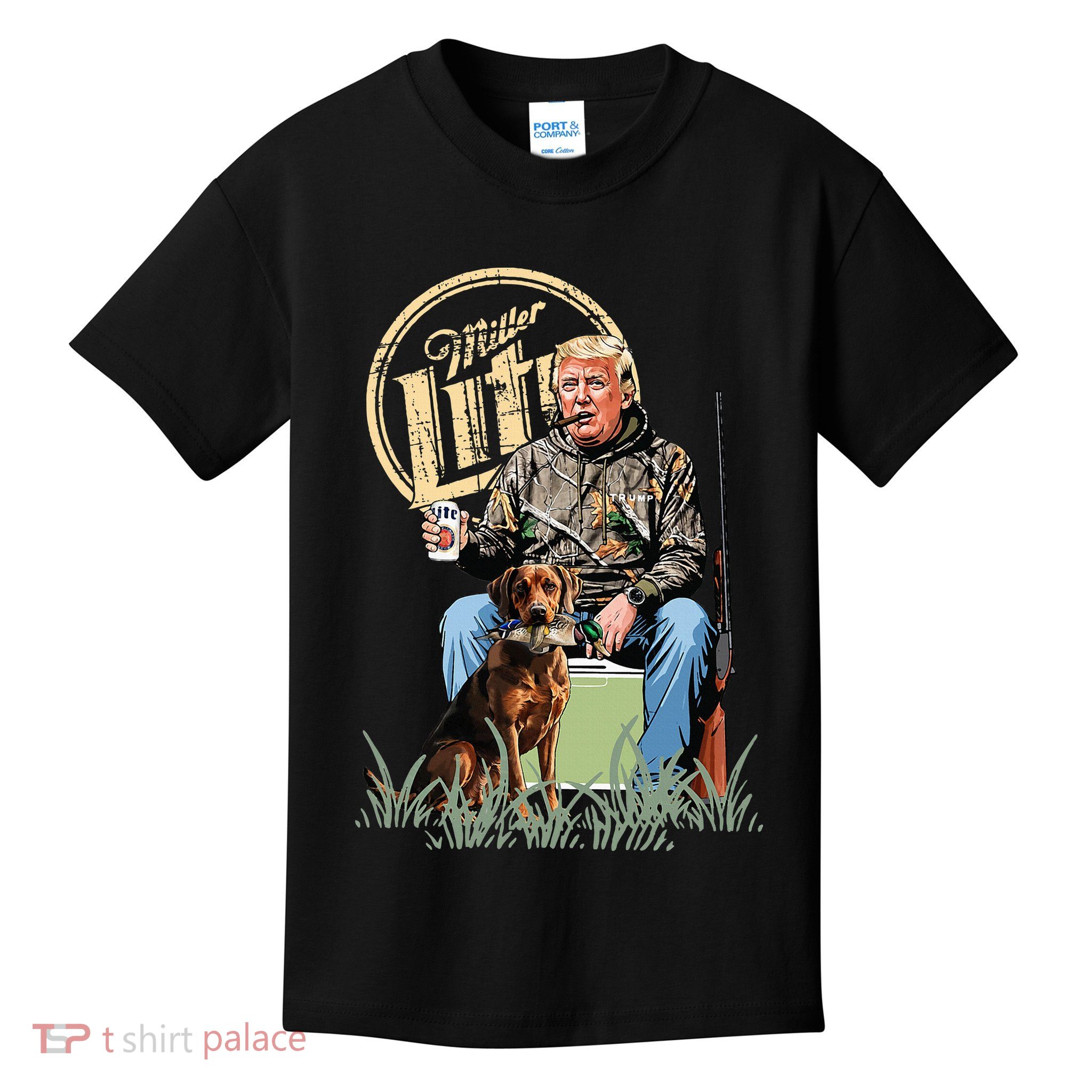 Retro Trump With Dog Fishermen Trump Fishing Hunting Season Kids T-Shirt