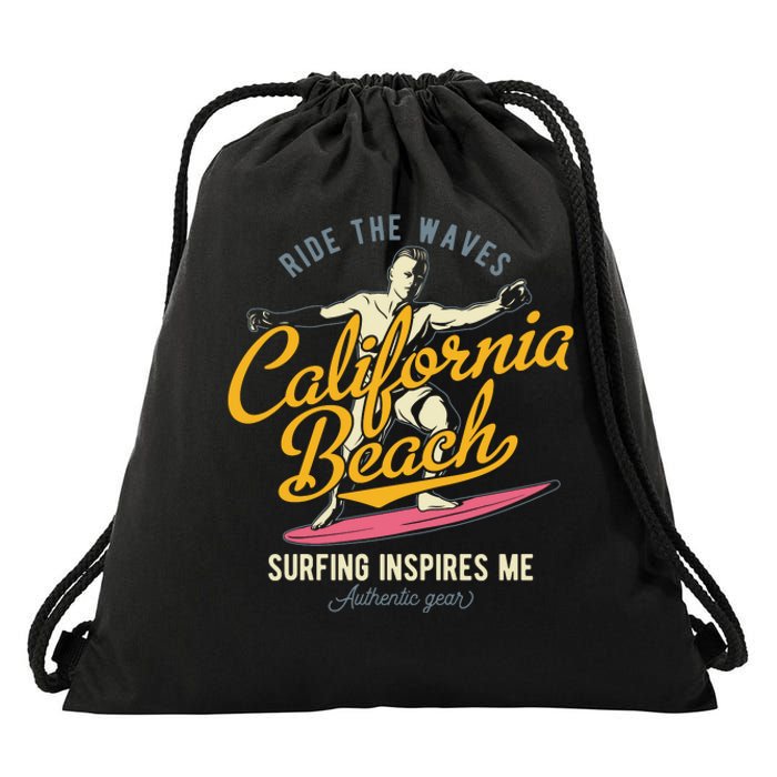 Ride The Waves California Beach Surfing Inspires Me Drawstring Bag