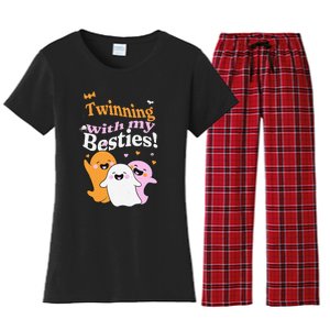 retro Twinning With My Besties Halloween Ghosts Women's Flannel Pajama Set