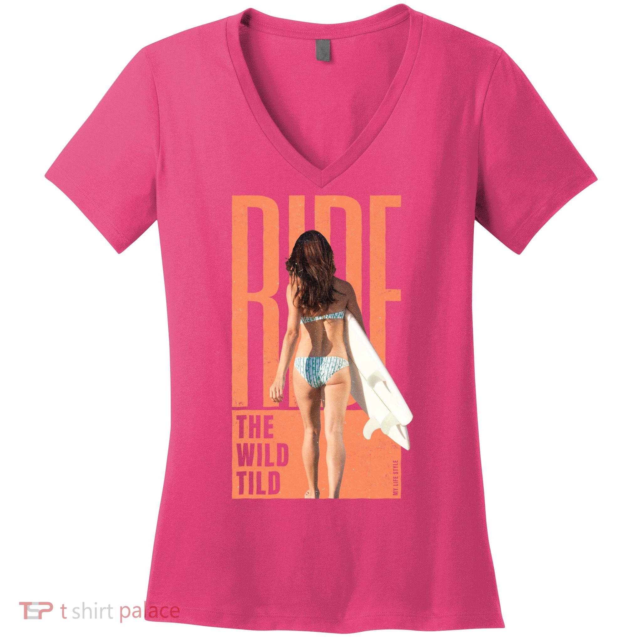 Ride The Wild Woman Surfing Women's V-Neck T-Shirt