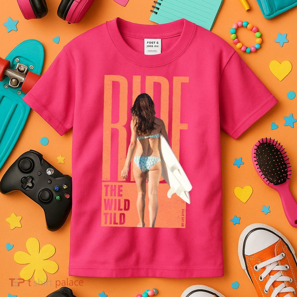 Ride The Wild Woman Surfing Kids T-Shirt