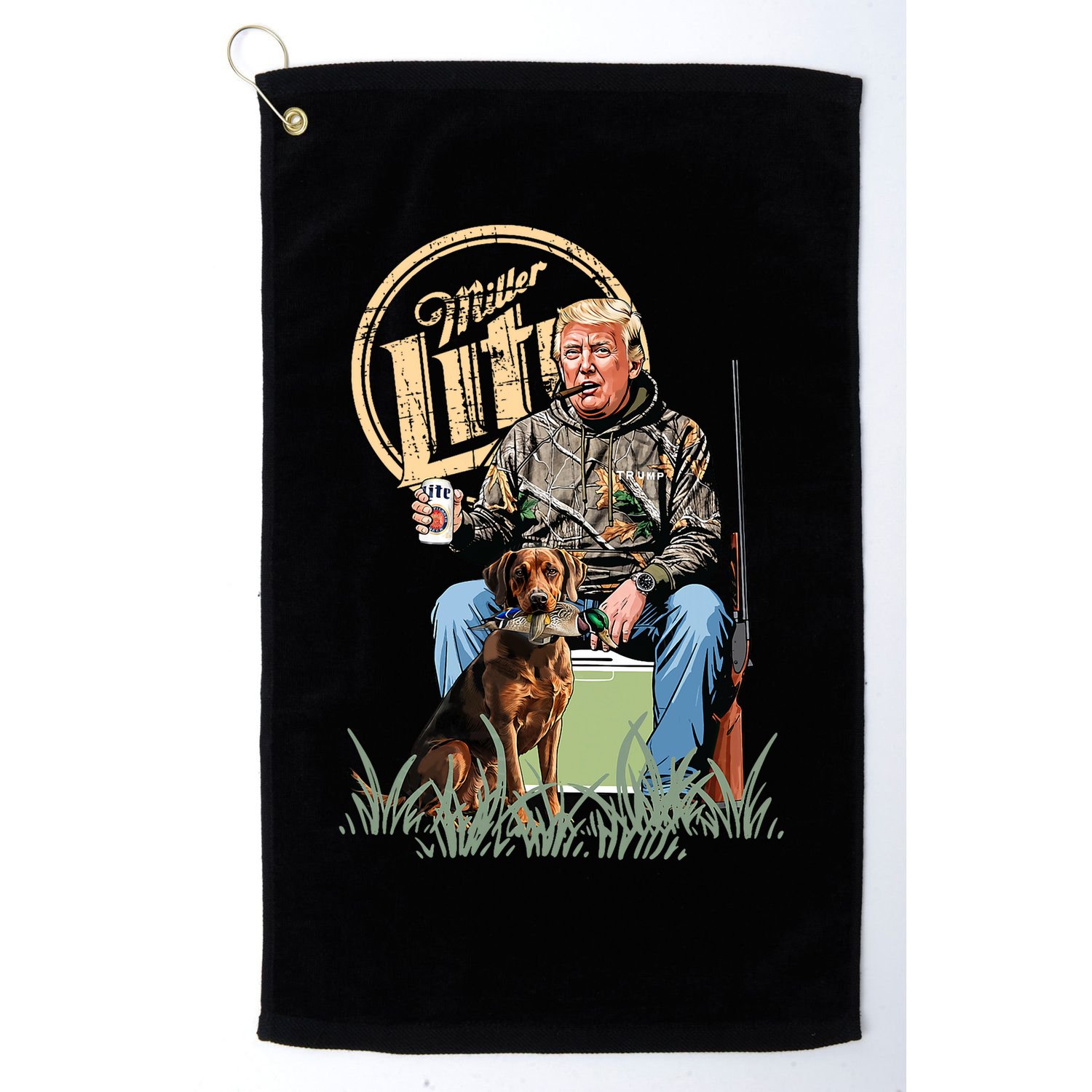 Retro Trump With Dog Fishermen Trump Fishing Hunting Season Golf Towel