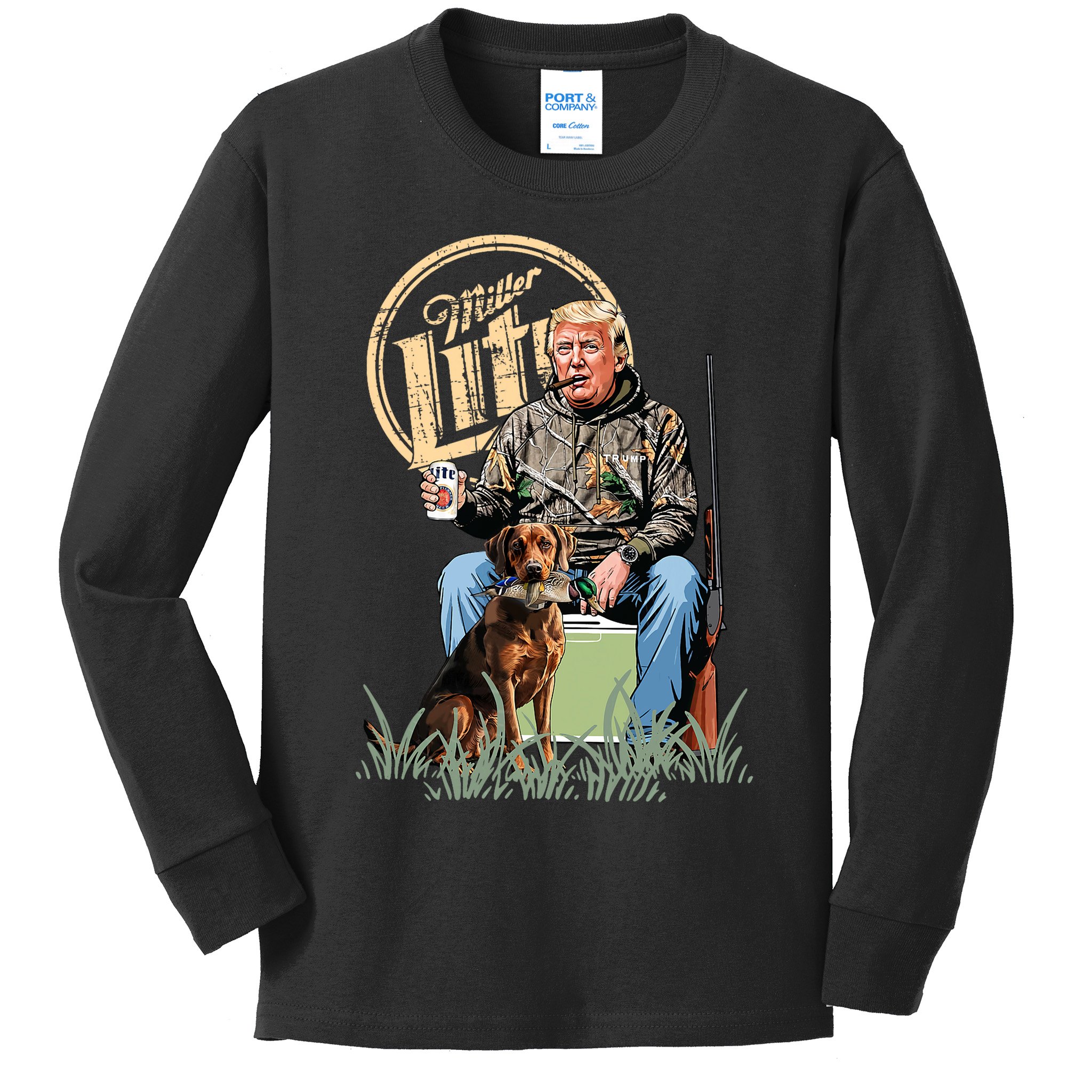 Retro Trump With Dog Fishermen Trump Fishing Hunting Season Kids Long Sleeve Shirt