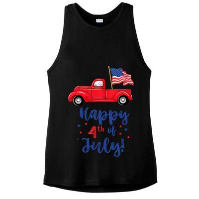 Red Truck With American Flag Happy 4th Of July Ladies PosiCharge Tri-Blend Wicking Tank