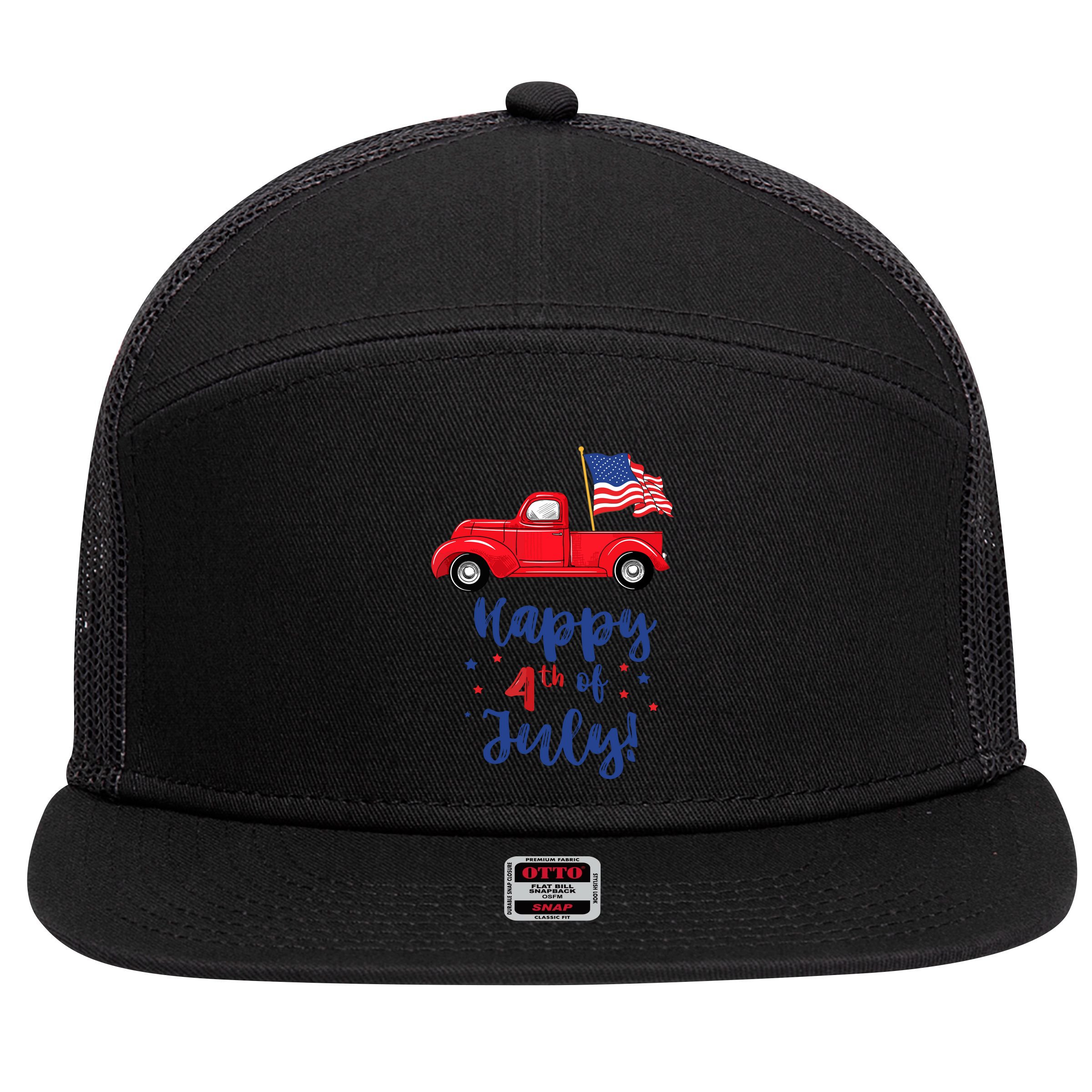 Red Truck With American Flag Happy 4th Of July 7 Panel Mesh Trucker Snapback Hat