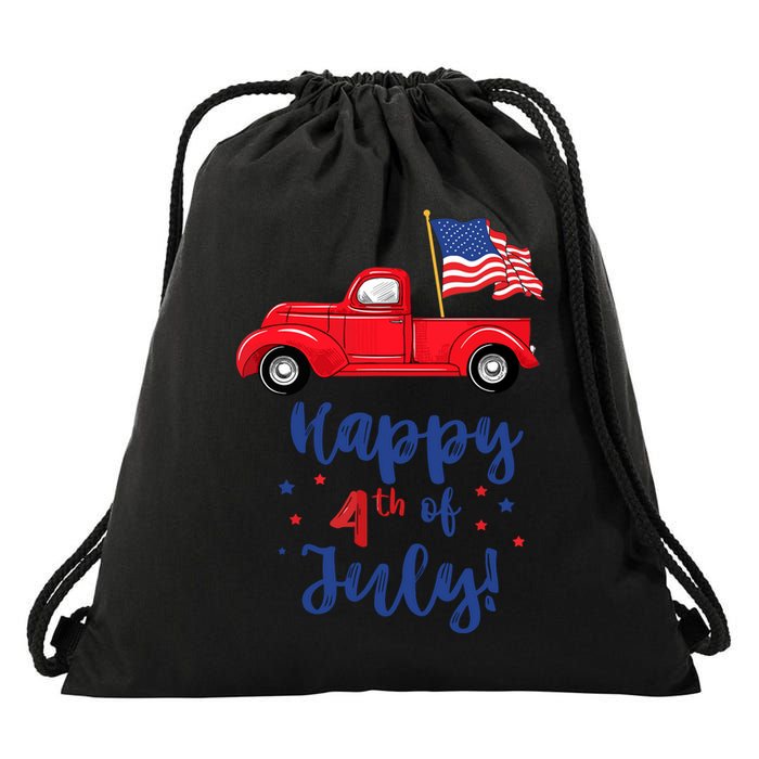 Red Truck With American Flag Happy 4th Of July Drawstring Bag