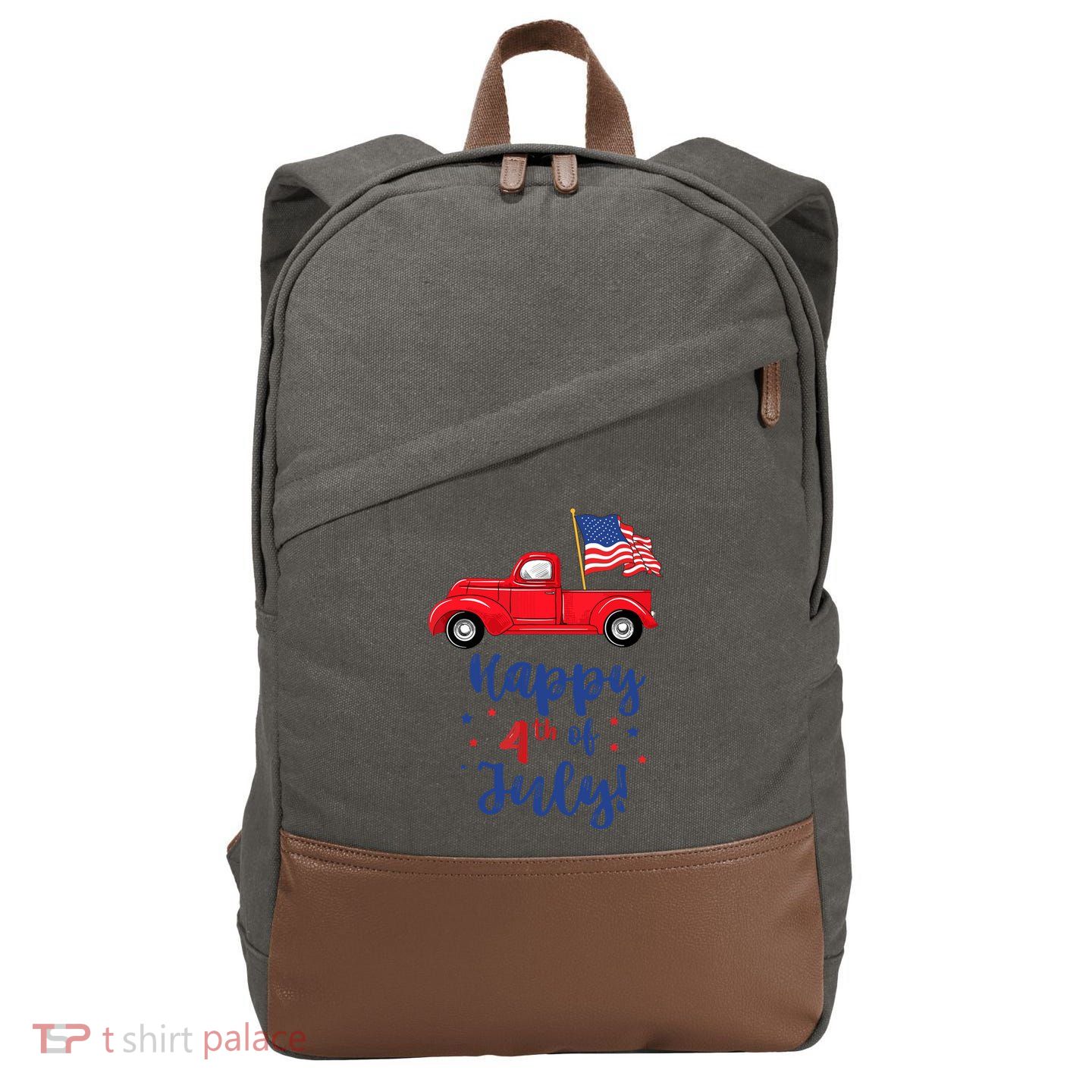 Red Truck With American Flag Happy 4th Of July Cotton Canvas Backpack