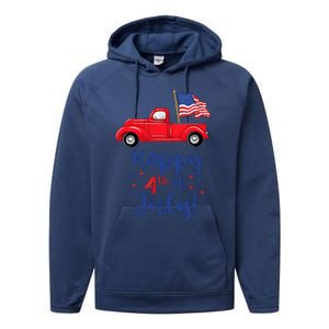 Red Truck With American Flag Happy 4th Of July Performance Fleece Hoodie