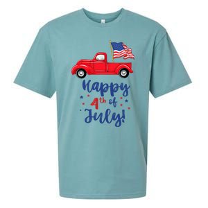 Red Truck With American Flag Happy 4th Of July Sueded Cloud Jersey T-Shirt