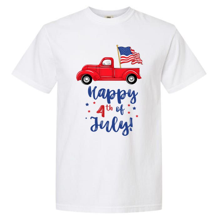 Red Truck With American Flag Happy 4th Of July Garment-Dyed Heavyweight T-Shirt