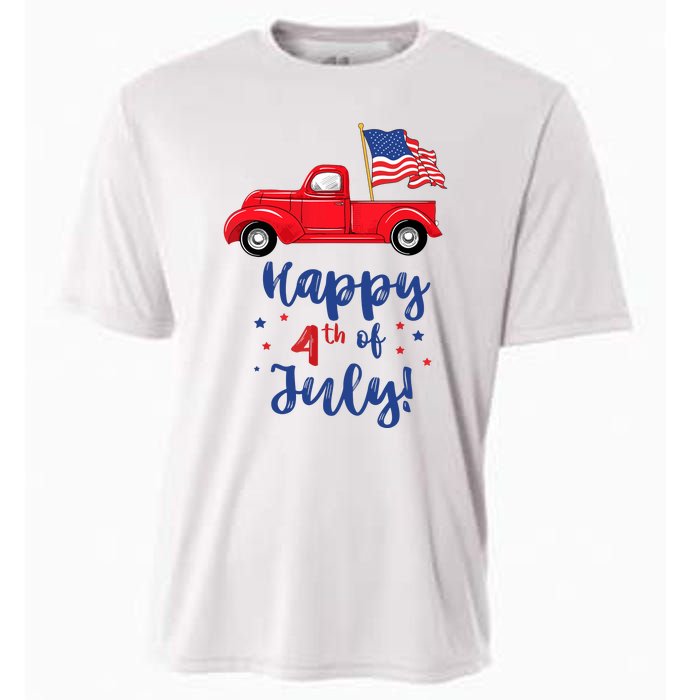 Red Truck With American Flag Happy 4th Of July Cooling Performance Crew T-Shirt