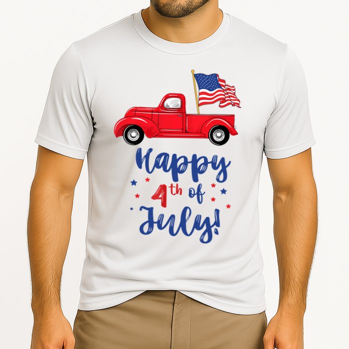 Red Truck With American Flag Happy 4th Of July Cooling Performance Crew T-Shirt