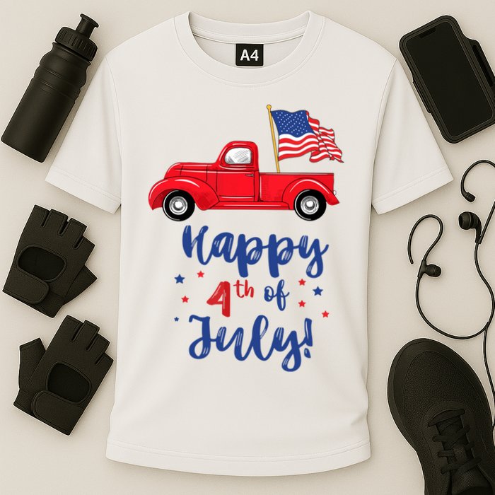 Red Truck With American Flag Happy 4th Of July Cooling Performance Crew T-Shirt