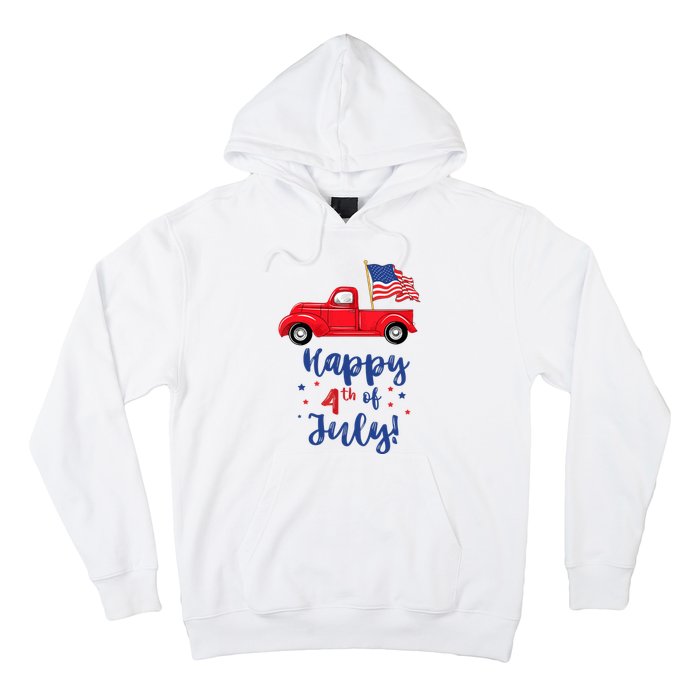 Red Truck With American Flag Happy 4th Of July Hoodie