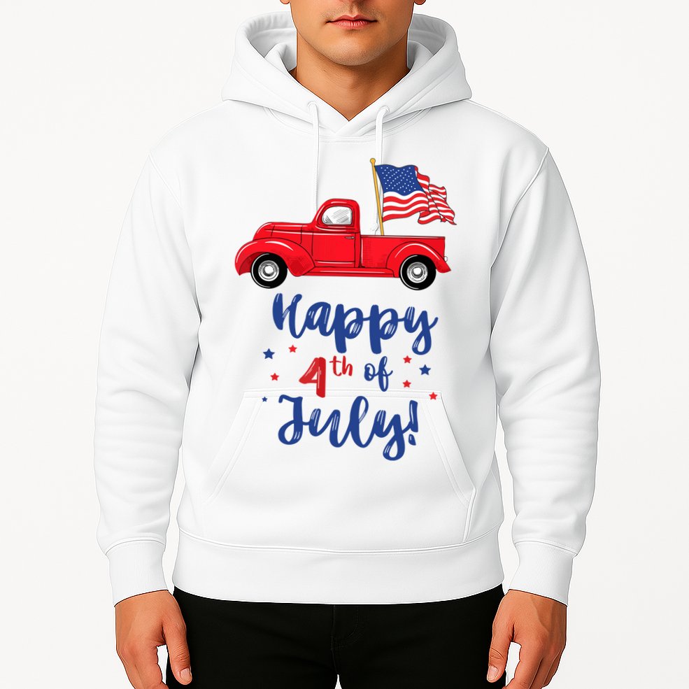 Red Truck With American Flag Happy 4th Of July Hoodie