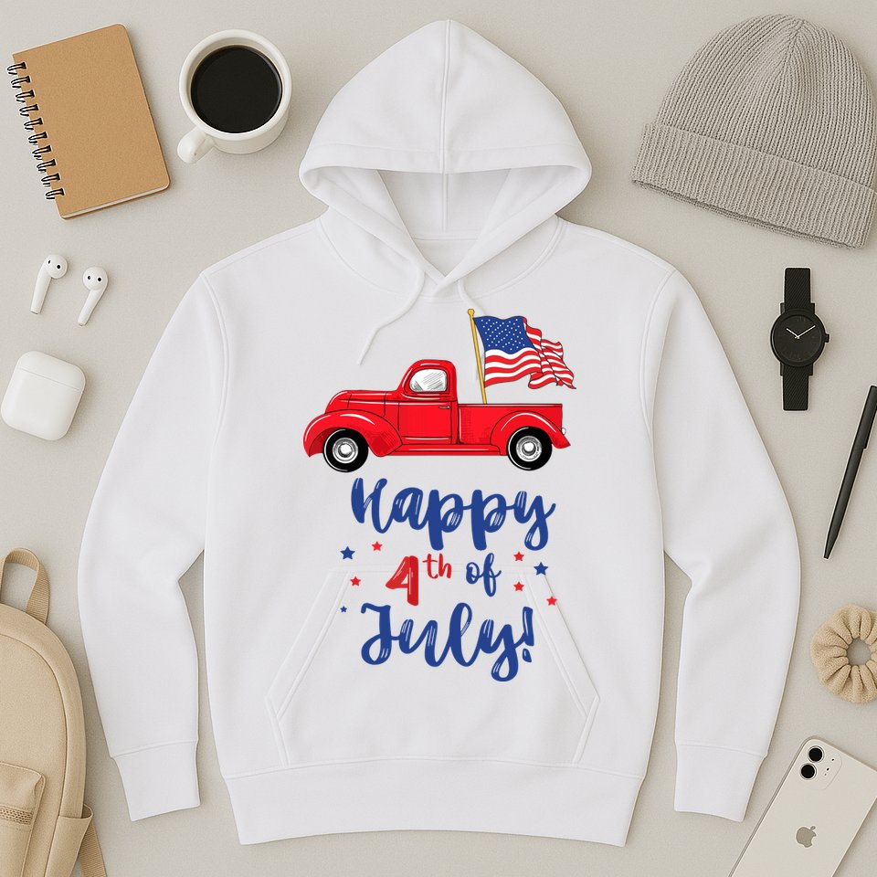 Red Truck With American Flag Happy 4th Of July Hoodie