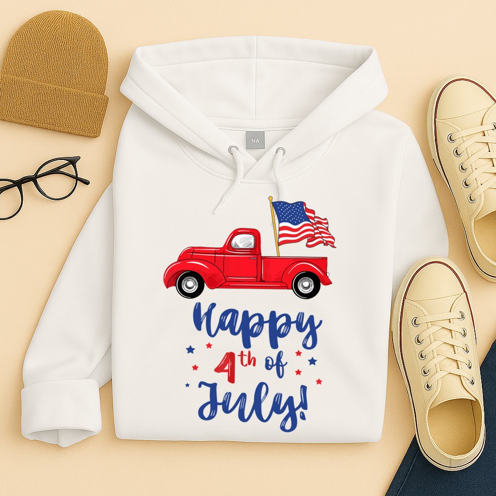 Red Truck With American Flag Happy 4th Of July Hoodie