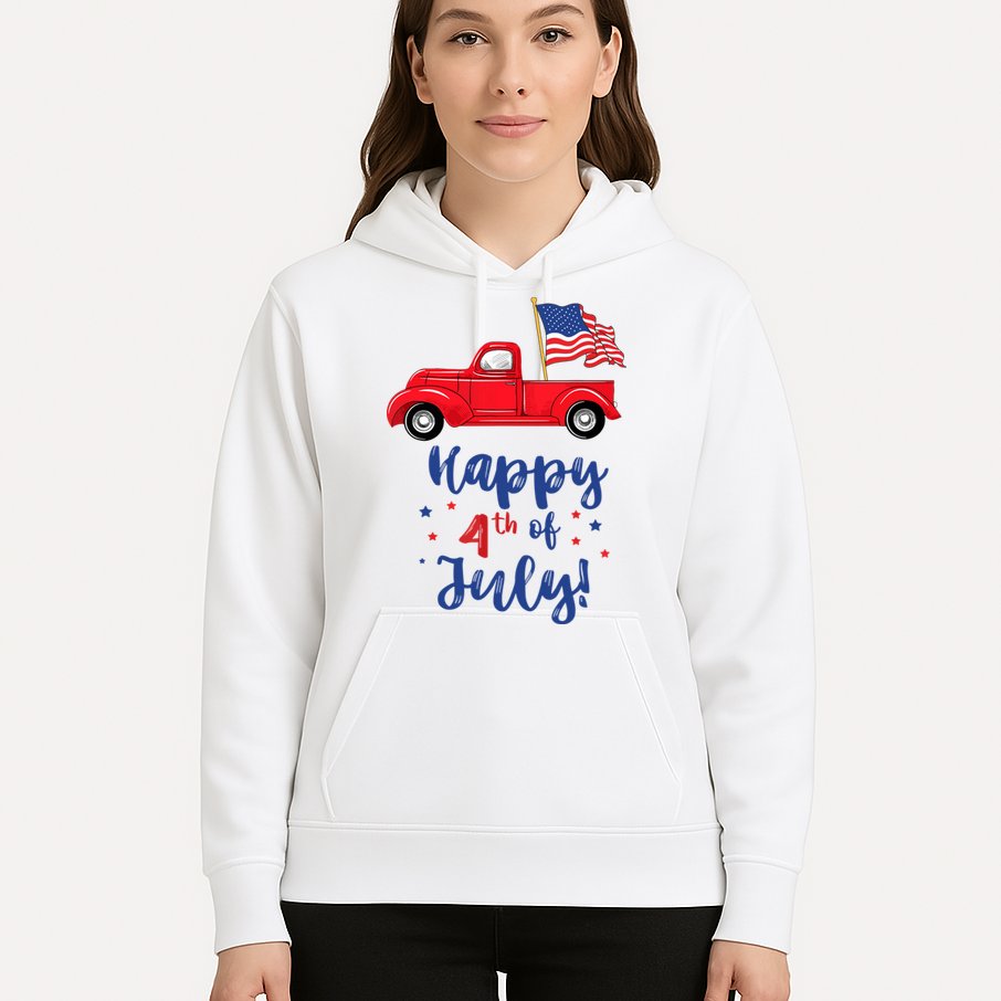 Red Truck With American Flag Happy 4th Of July Hoodie