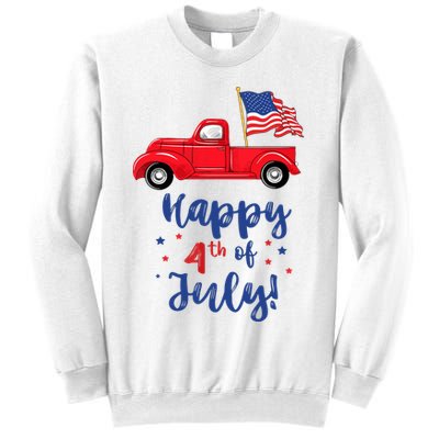 Red Truck With American Flag Happy 4th Of July Sweatshirt