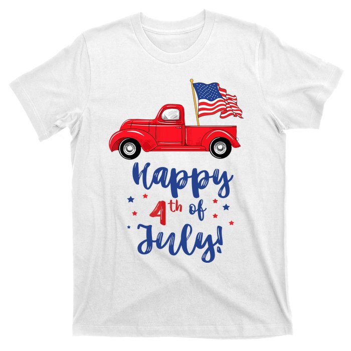 Red Truck With American Flag Happy 4th Of July T-Shirt