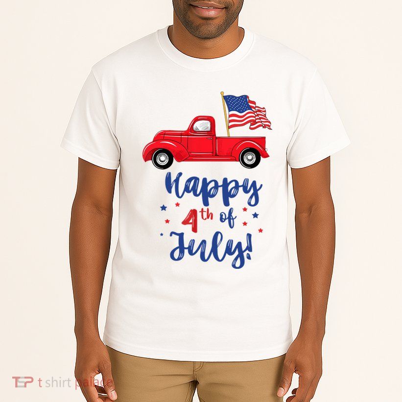 Red Truck With American Flag Happy 4th Of July Tall T-Shirt