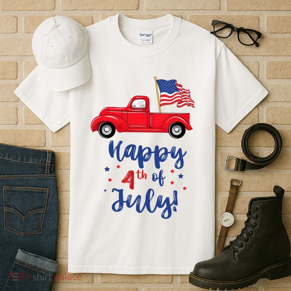 Red Truck With American Flag Happy 4th Of July Tall T-Shirt