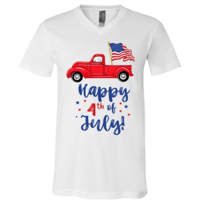 Red Truck With American Flag Happy 4th Of July V-Neck T-Shirt