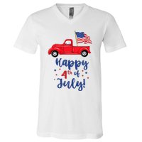 Red Truck With American Flag Happy 4th Of July V-Neck T-Shirt