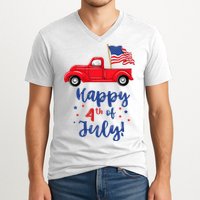 Red Truck With American Flag Happy 4th Of July V-Neck T-Shirt