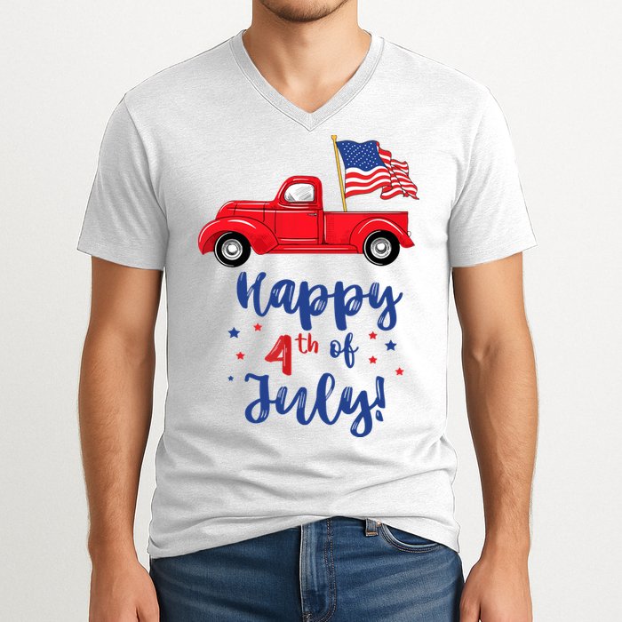 Red Truck With American Flag Happy 4th Of July V-Neck T-Shirt