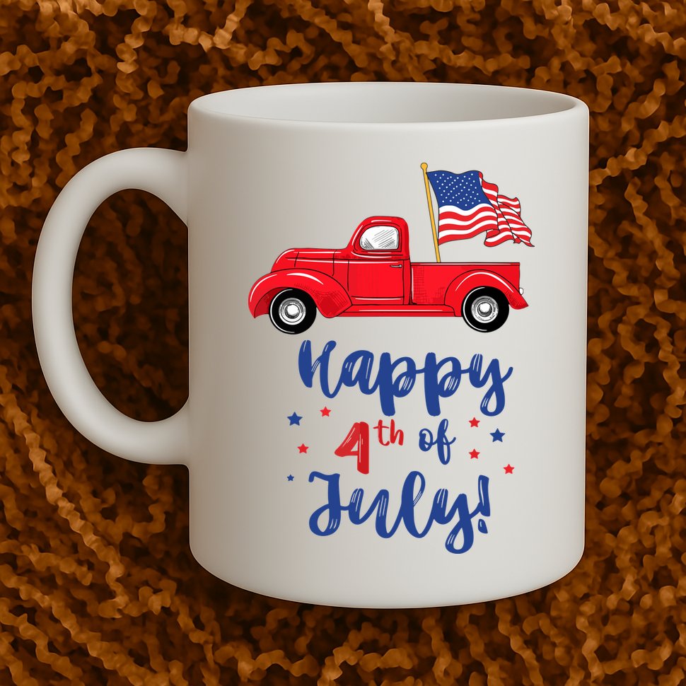 Red Truck With American Flag Happy 4th Of July Mug
