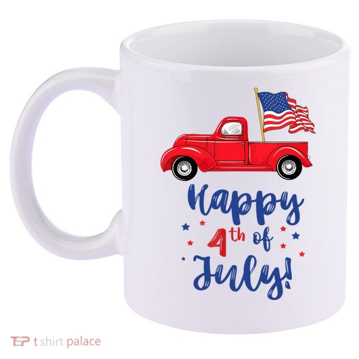 Red Truck With American Flag Happy 4th Of July 11oz C Handle Ceramic Mug