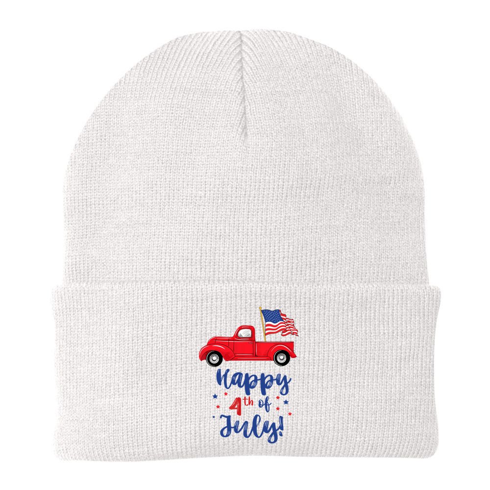 Red Truck With American Flag Happy 4th Of July Beanie