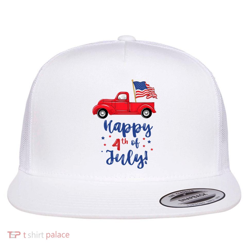 Red Truck With American Flag Happy 4th Of July Flatbill Hat