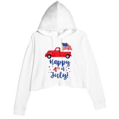 Red Truck With American Flag Happy 4th Of July Crop Fleece Hoodie