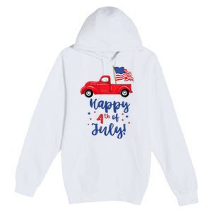 Red Truck With American Flag Happy 4th Of July Premium Pullover Hoodie