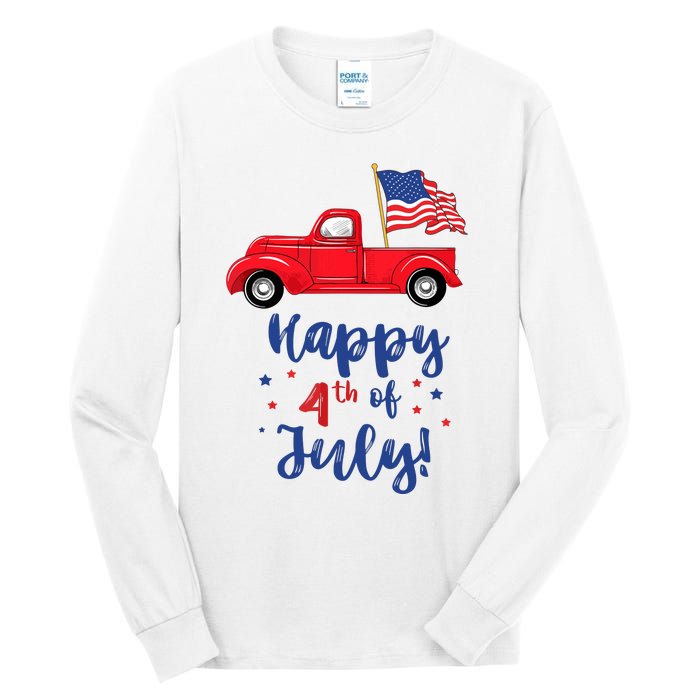 Red Truck With American Flag Happy 4th Of July Tall Long Sleeve T-Shirt