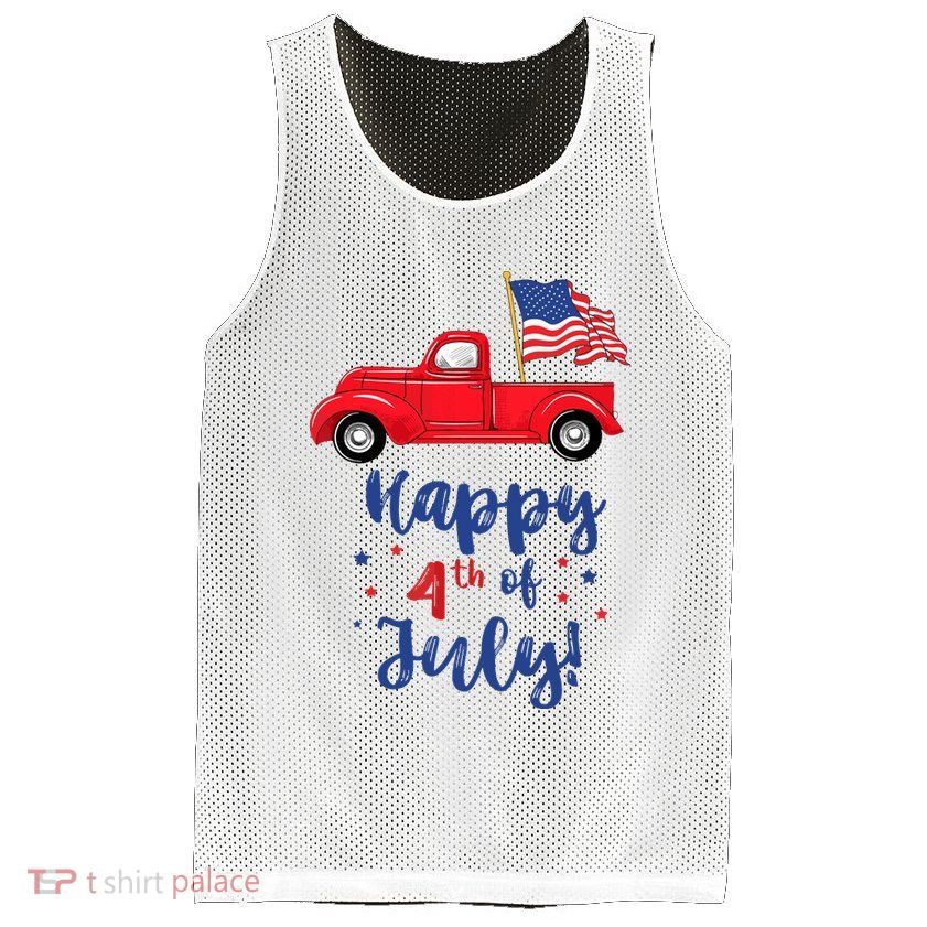 Red Truck With American Flag Happy 4th Of July Mesh Reversible Basketball Jersey Tank