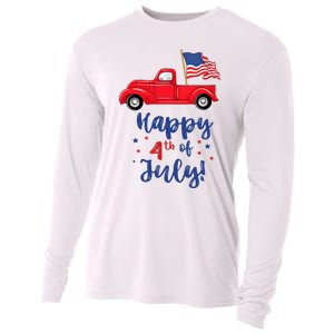 Red Truck With American Flag Happy 4th Of July Cooling Performance Long Sleeve Crew