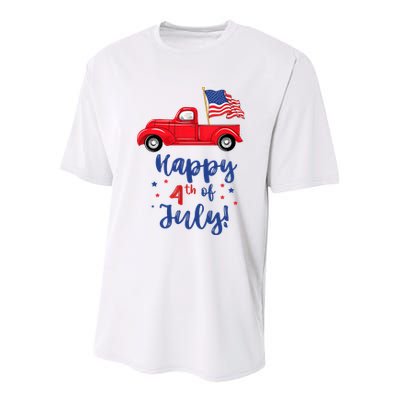 Red Truck With American Flag Happy 4th Of July Youth Performance Sprint T-Shirt