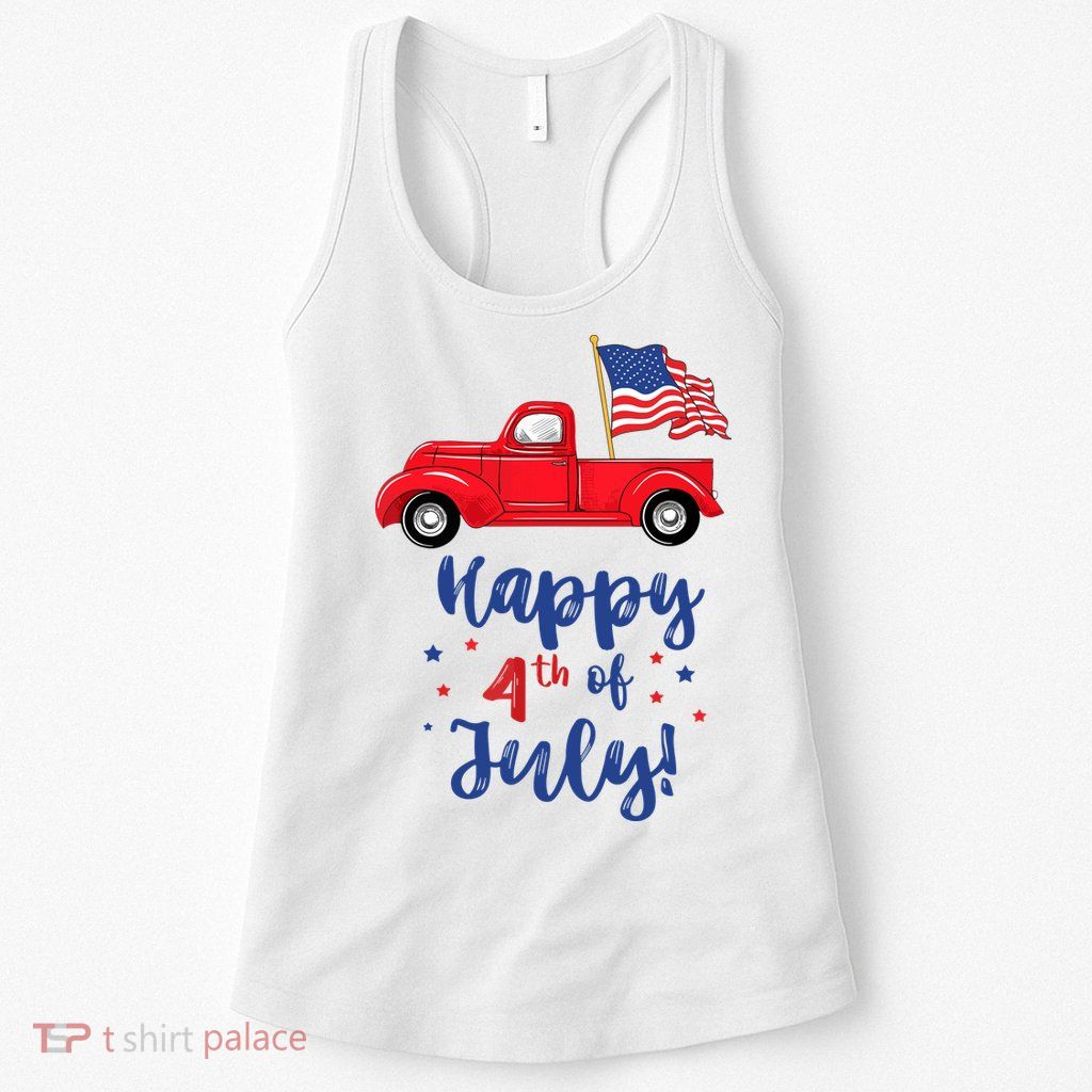 Red Truck With American Flag Happy 4th Of July Womens Tank Top